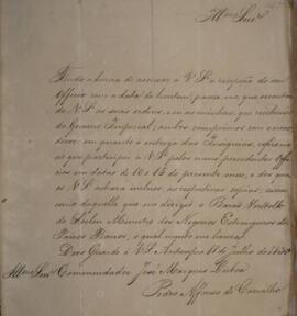 Nota Diplomática original enviada por Pedro Afonso de Carvalho para Comendador José Marques Lisbo...