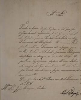 Nota Diplomática original enviada por Monsenhor Francisco Corrêa Vidigal (s.d-1838) para José Mar...