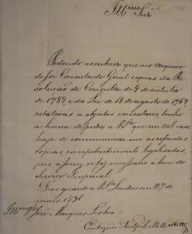 Nota Diplomática original enviada por Eustaquio Adolfo de Mello Mattos (1795-s.d.) para José Marq...