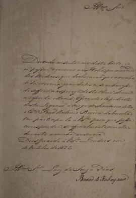 Despacho original enviado por Manuel Rodrigues Gameiro Pessoa (s.d.-1846), Barão de Itabayana, pa...