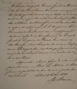 Nota diplomática original, com data de 9 de julho 1828, acusando a recepção da carta do Imperador...