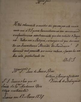 Despacho original enviado por João Antônio Pereira da Cunha (1798-1834) para Comendador Luiz de S...