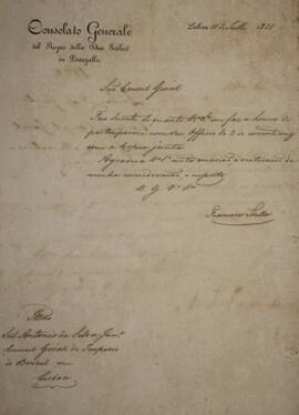 Nota diplomática original enviada por Francisco Stella [s.d.] para Antônio da Silva Júnior [s.d.]...