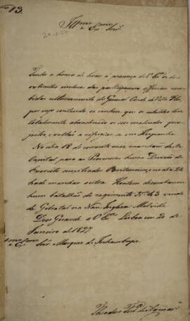 Cópia de ofício enviado por Theodoro Ferreira de Aguiar, para Antônio Luiz Pereira da Cunha (1760...