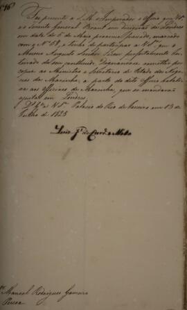 Cópia de despacho enviado por Luis José de Carvalho e Melo (1764-1826), Visconde da Cachoeira, pa...