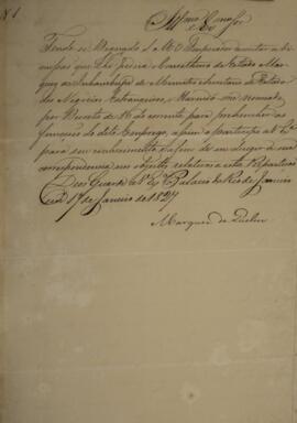 Cópia de despacho enviado por João Severiano Maciel da Costa (1769-1833), Marquês de Queluz, em 1...