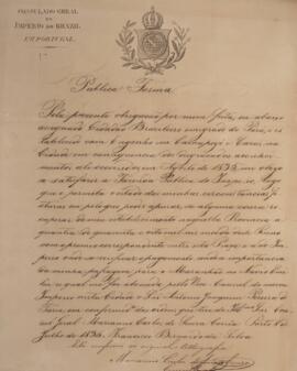 Ofício original datado de 08 de julho de 1836 tratando da obrigação assumida por Francisco Bernar...