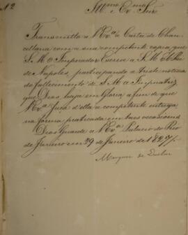 Cópia de despacho enviado por João Severiano Maciel da Costa (1769-1833), Marquês de Queluz, em 2...