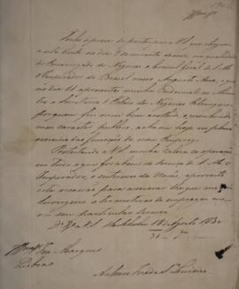 Nota Diplomática original enviada por Antônio José da Silva Loureiro (1790-1848) para José Marque...