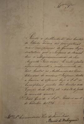 Ofício original enviado por Manuel Rodrigues Gameiro Pessoa (s.d.-1846), Barão de Itabayana, para...