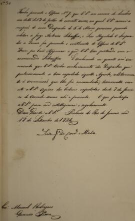 Cópia de despacho enviado por Luís José de Carvalho e Melo (1764-1826), Visconde da Cachoeira, pa...