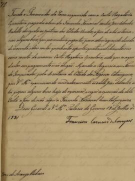 Despacho original enviado por Francisco Carneiro de Campos (1765-1842) para José de Araújo Ribeir...