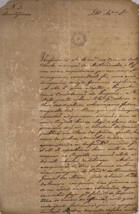 Ofício original n° 3   enviado por Felisberto Caldeira Brant Pontes de Oliveira Horta (1772-1841)...