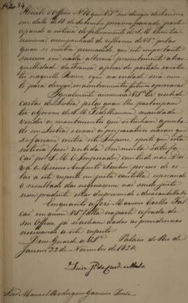 Cópia de despacho enviado por Luís José de Carvalho e Melo (1764-1826), Visconde da Cachoeira, pa...