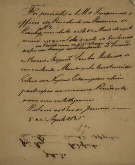 Minuta de Despacho, com data de 05 de agosto de 1825, acusando o recebimento do ofício n° 2 encam...