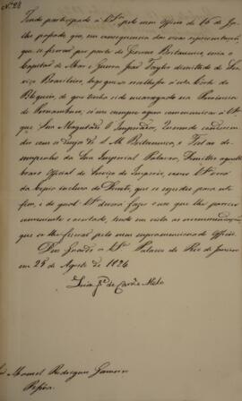 Cópia de despacho enviado por Luís José de Carvalho e Melo (1764-1826), Visconde da Cachoeira, pa...