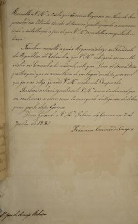 Despacho original enviado por Francisco Carneiro de Campos (1765-1842) para José de Araújo Ribeir...