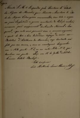 Cópia de anexo de Aviso enviado por Francisco Vilela Barbosa (1769-1846), Marquês de Paranaguá, c...