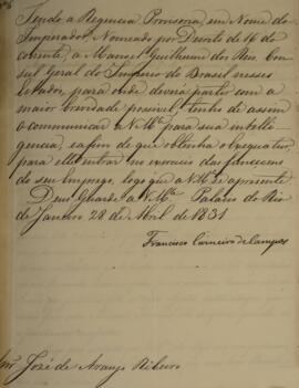 Despacho original enviado por Francisco Carneiro de Campos (1765-1842) para José de Araújo Ribeir...