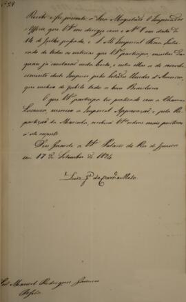 Cópia de despacho enviado por Luís José de Carvalho e Melo (1764-1826), Visconde da Cachoeira, pa...