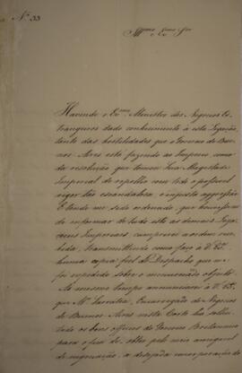 Ofício N.33 enviado por Manuel Rodrigues Gameiro Pessoa (s.d.-1846), Visconde de Itabaiana, para ...
