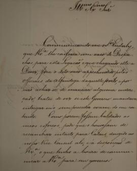 Ofício enviado por Eustáquio Adolfo de Mello Mattos (1795-s.d.), para António Telles da Silva Cam...