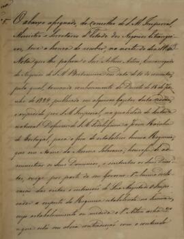 Cópia de nota diplomática enviada por Miguel Calmon du Pin e Almeida (1794-1865), Marquês de Abra...