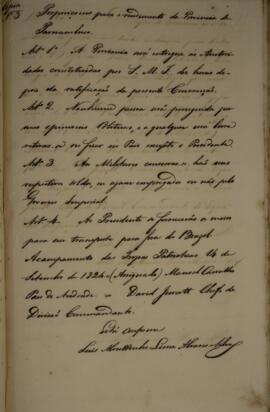 Cópia de anexo de Ofício enviado por Manoel de Carvalho Paes de Andrade (1774-1855) para David Je...
