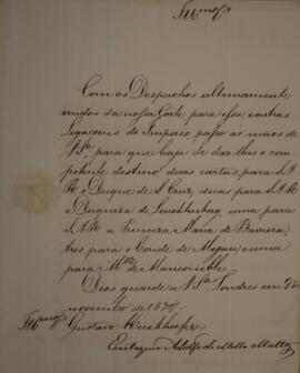 Ofício enviado por Eustáquio Adolfo de Mello Mattos (1795-s.d.), para Gustavo Kieckhoefer, com da...