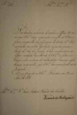 Ofício n° 113 enviado por Manuel Rodrigues Gameiro Pessoa (s.d.-1846), Visconde de Itabaiana, par...