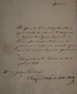 Ofício enviado por Eustaquio Adolfo de Mello Mattos (1795-s.d.), para Gustavo Kieckhoefer, com da...