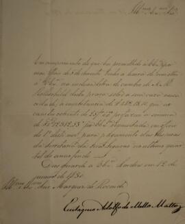 Ofício enviado por Eustáquio Adolfo de Mello Mattos (1795-s.d.), para Antonio Telles da Silva Cam...