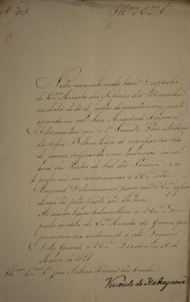 Ofício n° 105 enviado por Manuel Rodrigues Gameiro Pessoa (s.d.-1846), Visconde de Itabaiana, par...