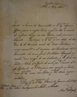 Cópia de Ofício enviado por Francisco Correia Vidigal ( 1766-1838), Monsenhor, para Eustaquio Ado...