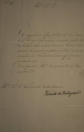 Ofício n ° 98 enviado por Manuel Rodrigues Gameiro Pessoa (s.d.-1846), Visconde de Itabaiana, par...