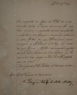 Ofício enviado por Eustáquio Adolfo de Mello Mattos (1795-s.d.), para José Egídio Álvares de Alme...