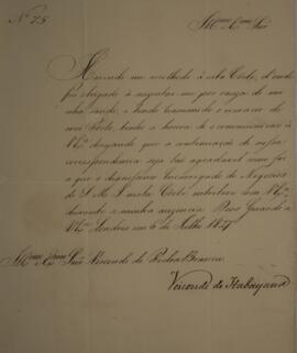 Ofício n° 75 enviado por Manuel Rodrigues Gameiro Pessoa (s.d.-1846), Visconde de Itabaiana, para...