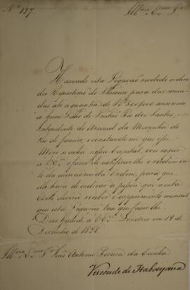 Ofício n° 127 enviado por Manuel Rodrigues Gameiro Pessoa (s.d.-1846), Visconde de Itabaiana, par...