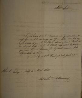 Cópia de Ofício enviado por Antônio de Menezes Vasconcellos de Drummond (1794-1865) para Eustaqui...