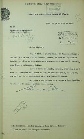 Ofício original enviado por Nicanor de Oliveira (s.d.), Cônsul do Brasil em Argel, a João Neves de Fontoura (1887-1963), Ministro das Relações Exteriores, em 12 de março de 1953, sobre um inquérito da UNESCO acerca do aproveitamento das regiões semiáridas, áridas e extremamente áridas. Contém anexo em francês.