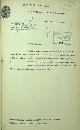 Ofício original enviado por Nicanor de Oliveira (s.d.), Cônsul do Brasil em Argel, para João Neves de Fontoura (1887-1963), Ministro das Relações Exteriores, em 13 de maio de 1953, envio de informações, relativas à Argélia sobre a produção, importação e exportação de minério de ferro. Contém anexo.