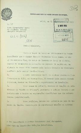 Ofício original enviado por José Barreiros (s.d.), Cônsul do Brasil em Argel, a Raul Fernandes (1877-1968), Ministro das Relações Exteriores, em 21 de fevereiro de 1955, informando sobre a posse do novo governador-geral da Argélia, senhor Jacques Soustelle. Apresenta também uma breve biografia.