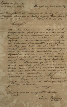 Cópia de nota diplomática enviada por Leandro Palácios (1782-1836), para João Severiano Maciel da...