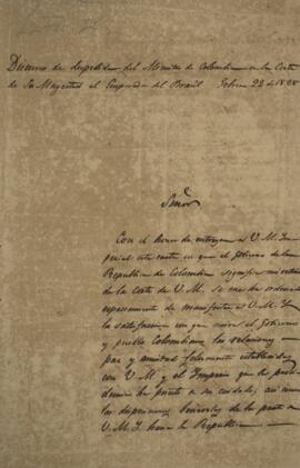 Cópia do discurso de despedida de Leandro Palácios (1782-1836), ministro da Colômbia no Brasil, d...