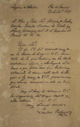 Cópia de nota diplomática enviada por Leandro Palácios (1782-1836), para João Severiano Maciel da...