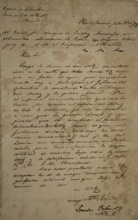 Cópia de nota diplomática enviada por Leandro Palácios (1782-1836), para João Severiano Maciel da...