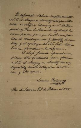 Cópia de nota diplomática enviada por Leandro Palácios (1782-1836), para João Carlos Augusto de O...