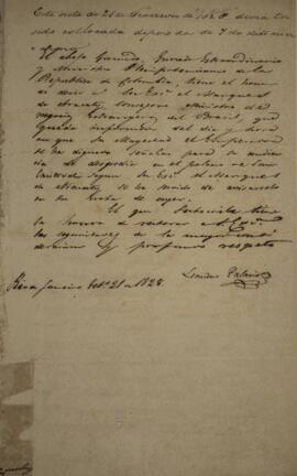 Cópia de nota diplomática enviada por Leandro Palácios (1782-1836), para João Carlos Augusto de O...