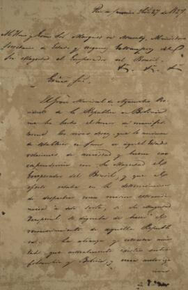 Cópia de nota diplomática enviada por Leandro Palácios (1782-1836), para João Carlos Augusto de O...