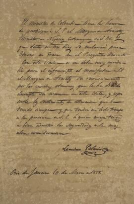 Cópia de nota diplomática enviada por Leandro Palácios (1782-1836), para João Carlos Augusto de O...